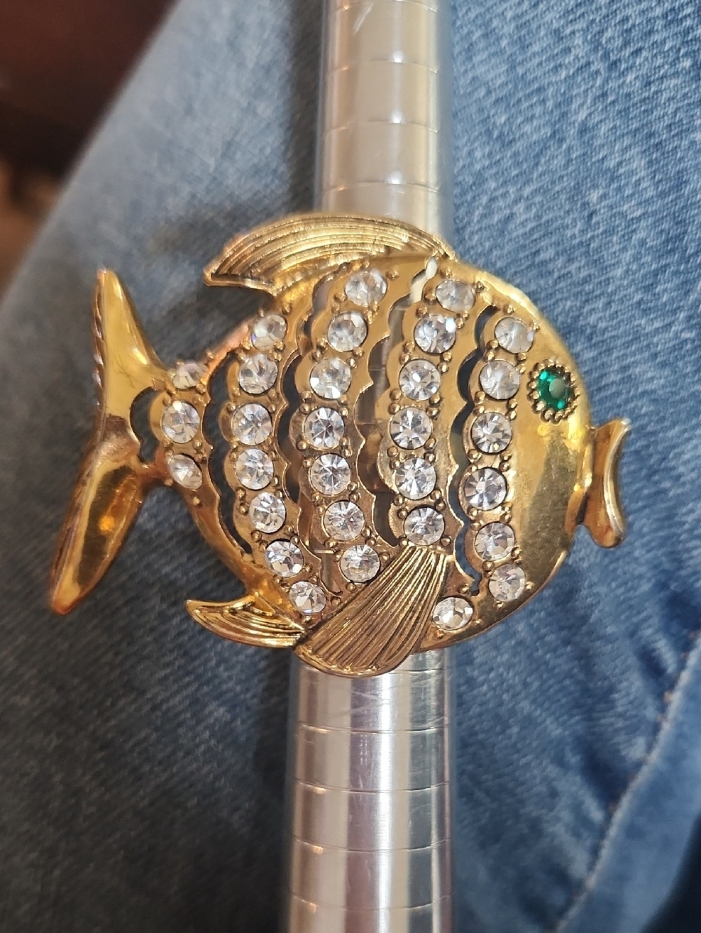 Betsey Johnson Gold-tone Rhinestone Fish Ring with Green Eye